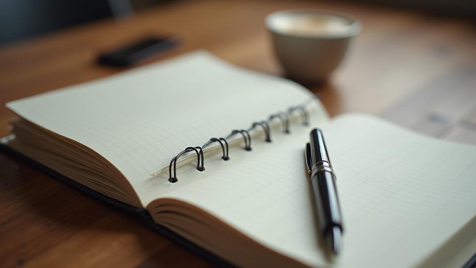 Close-up view of a journal and pen on a wooden table