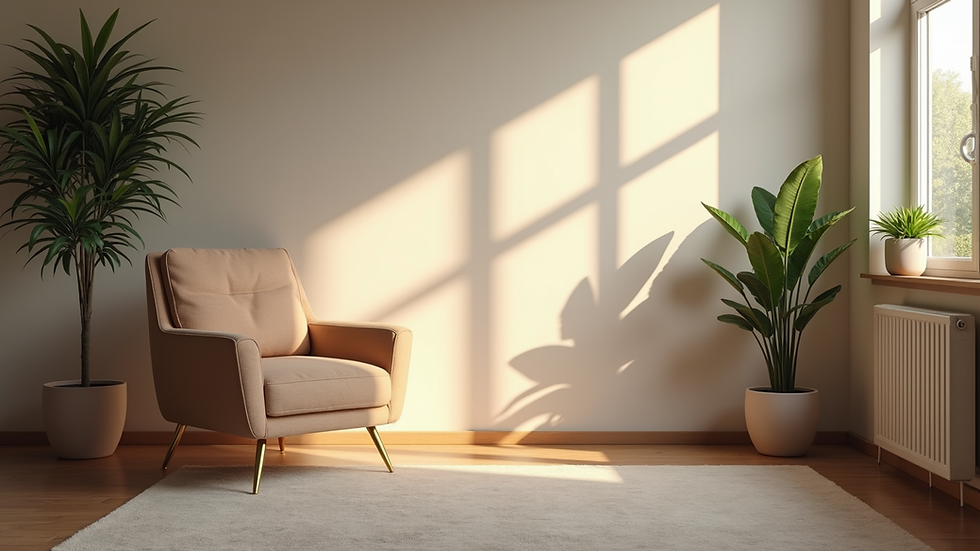 Eye-level view of a calm coaching room with a comfortable chair and soft lighting