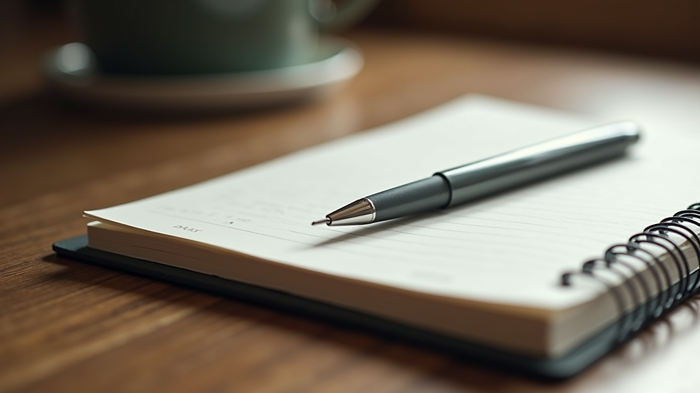 Close-up view of a journal and pen on a wooden table