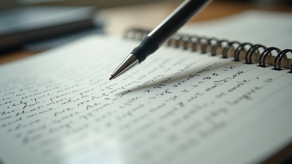 Close-up view of a pen resting on a workbook page with handwritten reflections