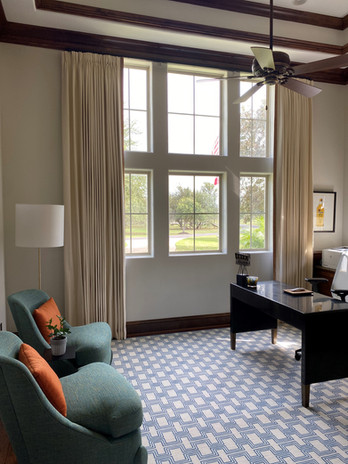home office redesign, carpet installation, interior design, general contractor Houston, window installation, draped curtains