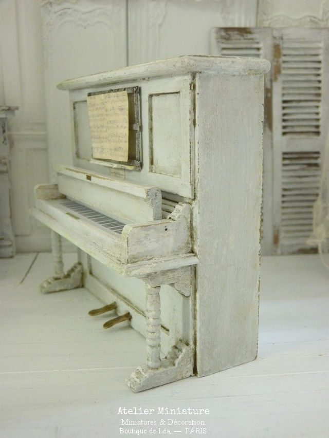 Thumbnail: Piano Droit, Miniature en Bois, Shabby Chic Blanc, Maison de Poupée, 1/12