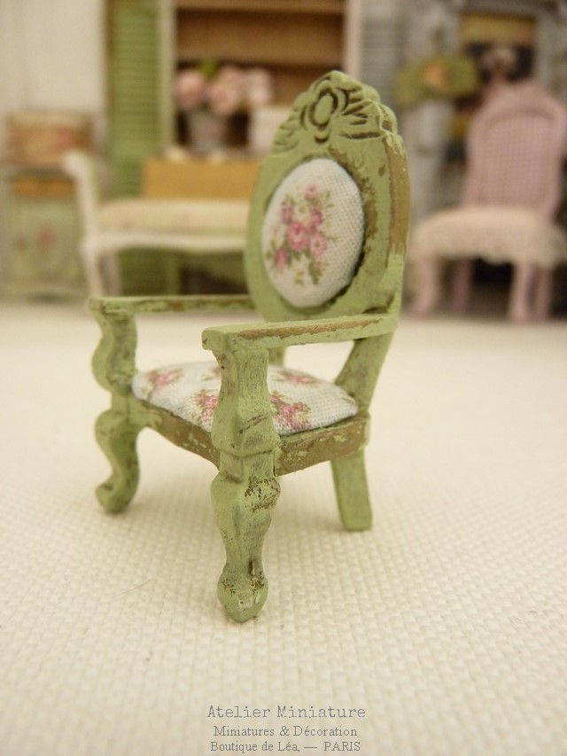 Miniature : Fauteuil vert, Échelle 1/24, Miniature en bois, Maison de Poupée