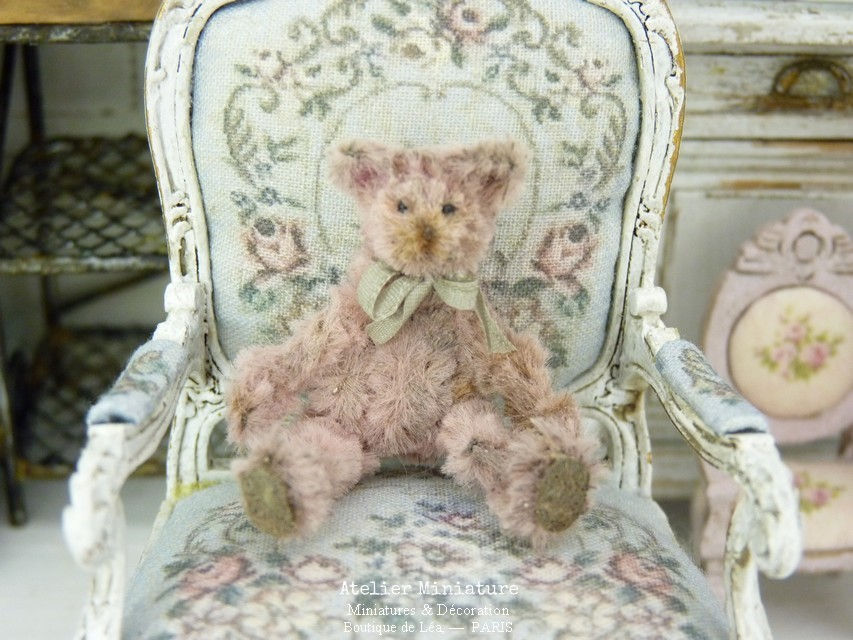 Ourson Vieux Rose Vintage Miniature, Maison de Poupée, 1/12