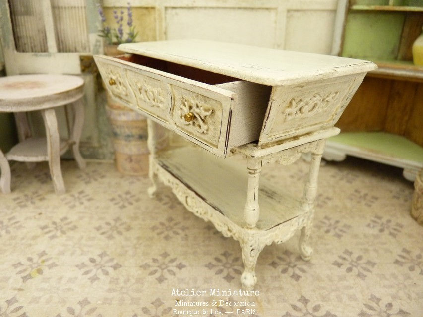 Miniature : Pétrin Provençal Miniature en Bois, Blanc-Cassé Vieilli, Maison de Poupée, 1/12