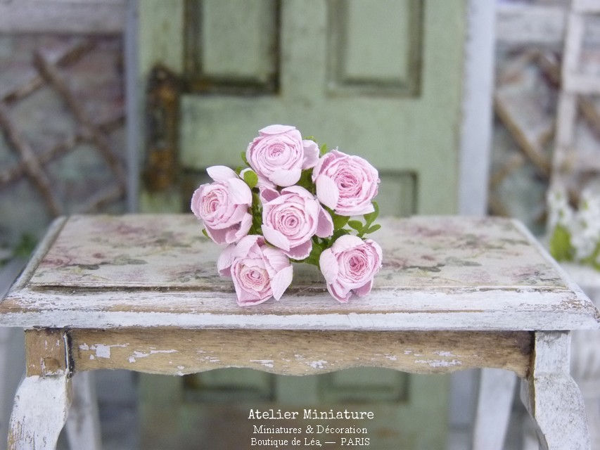 Miniature : #1 - Bouquet de 6 Roses Anglaises Miniatures, Fleurs en Papier, 100% fa