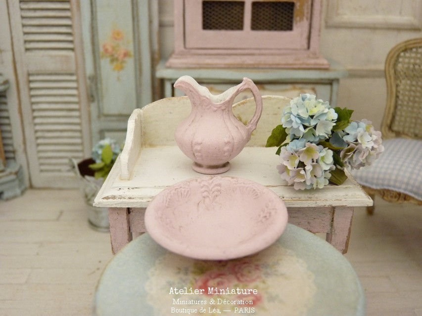 Miniature : Broc + Cuvette Roses, Maison de Poupée, Échelle 1/12