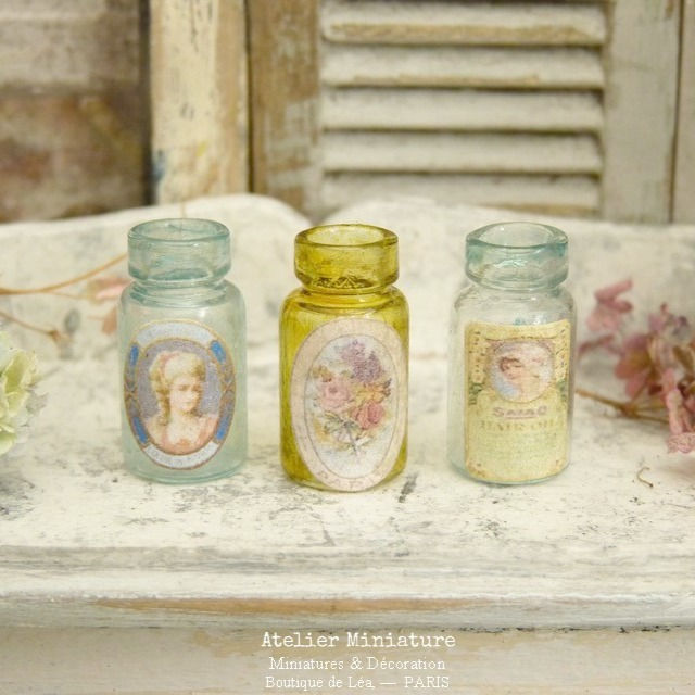 3 Bocaux en Verre Coloré, Maison de Poupée, 1/12