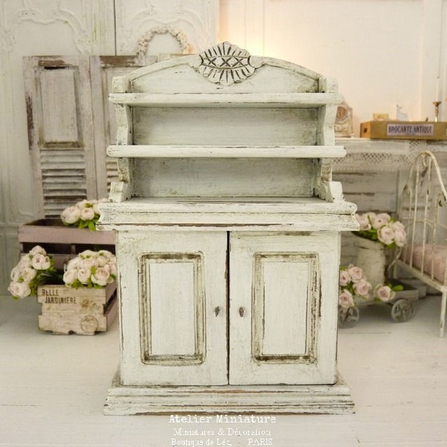 Vaisselier buffet style 1900, Shabby Chic Blanc, Maison de Poupée 1/12