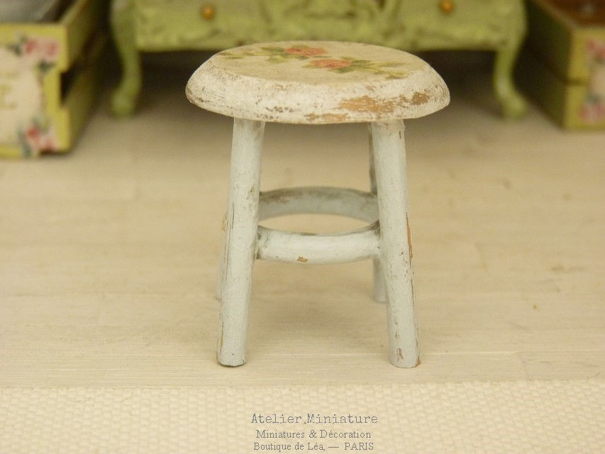Thumbnail: Tabouret Rond Miniature en Bois, Bleu et Blanc, 1/12