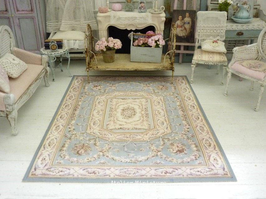 Thumbnail: Tapis Miniature, Style Aubusson, Bleu Pâle, Maison de Poupée, Échelle 1