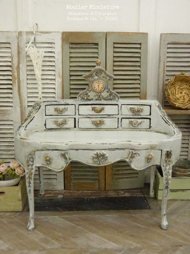 Miniature : Bureau secrétaire Shabby Chic, Miniature en bois, Mobilier de Maison de Poupée