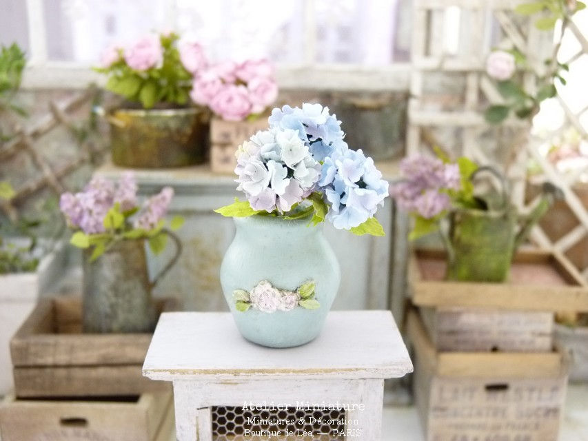 Miniature : 3 Hortensias Miniatures, Fleurs en Papier, 100% fait main, 1/12