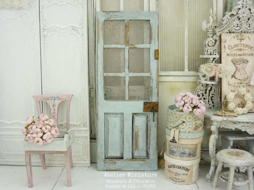 Porte d'Atelier, Bleu vieilli, Maison de Poupée, Échelle 1/12
