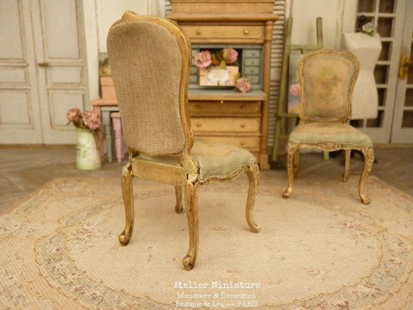 Miniature : Chaise Louis XV, Vieil Or, Aubusson Fané, Maison de Poupée, 1/12