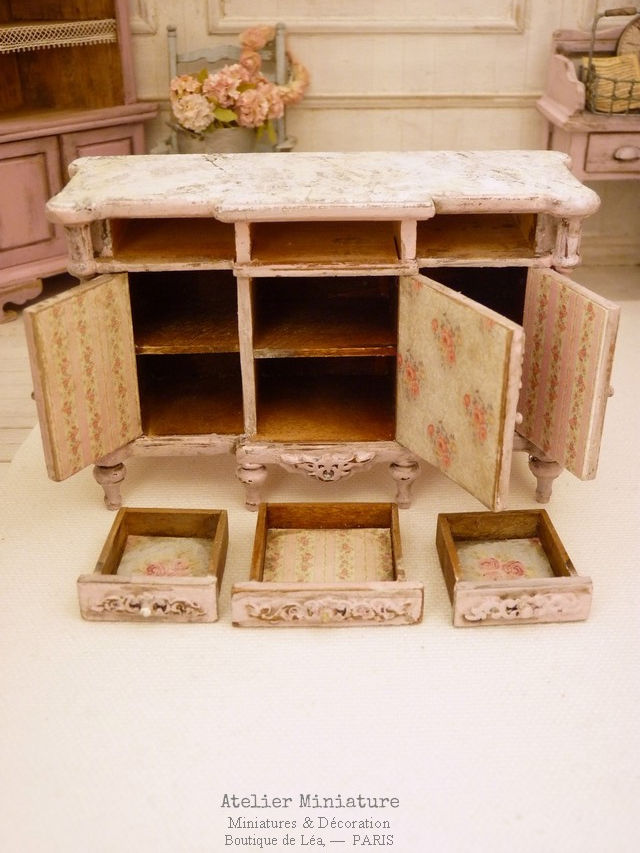 Miniature : Buffet Miniature, Rose et Bleu vieillis, Imitation Marbre, 1/12