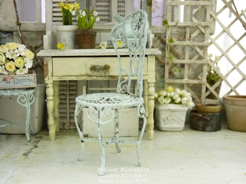 Miniature : Chaise de Jardin en Métal, Bleu Vieilli, Maison de Poupée