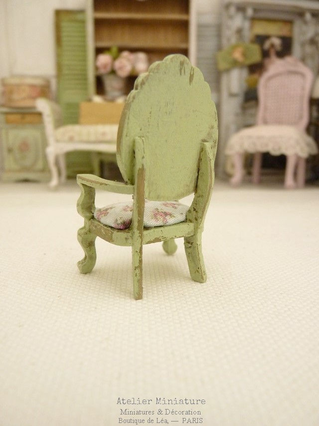 Miniature : Fauteuil vert, Échelle 1/24, Miniature en bois, Maison de Poupée