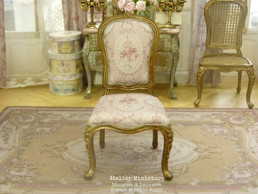 Chaise Louis XV, Or, Toile de Jouy, Maison de Poupée,