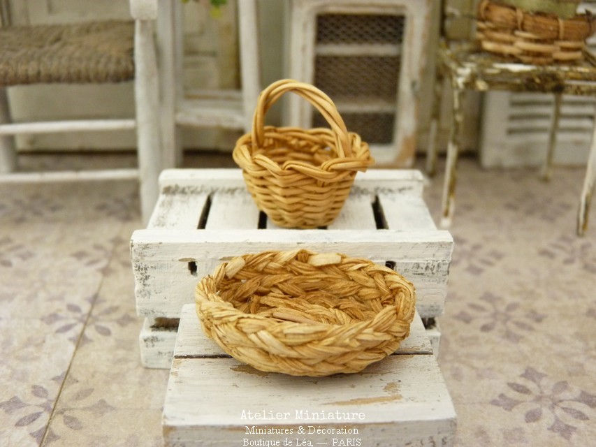 Miniature : 1 Panier en Osier + 1 Panier en Raphia, Maison de Poupée, 1/12