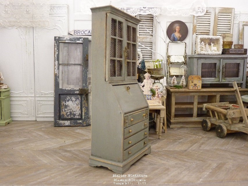 Miniature : Bureau Bibliothèque Shabby Chic, Miniature en bois, Maison de Poupée, 1/12