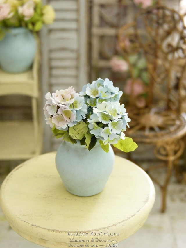 Miniature : 3 Hortensias Miniatures Bleus, Fleurs en Papier,100% fait main, 1/12