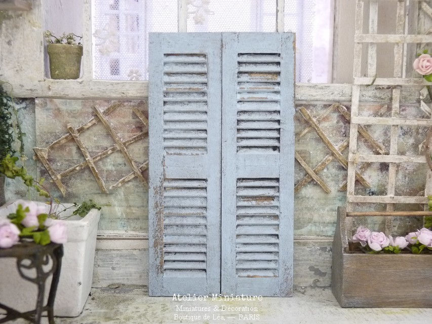 Paire de Persiennes Miniatures en Bois, Bleu Vieilli, Maison de Poupée