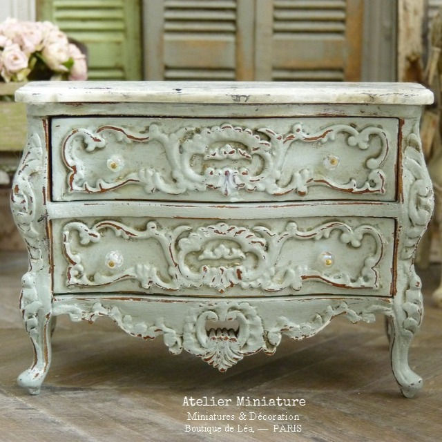 Commode Baroque Miniature, Vert d'Eau vieilli, Imitation Marbre, Maison de P
