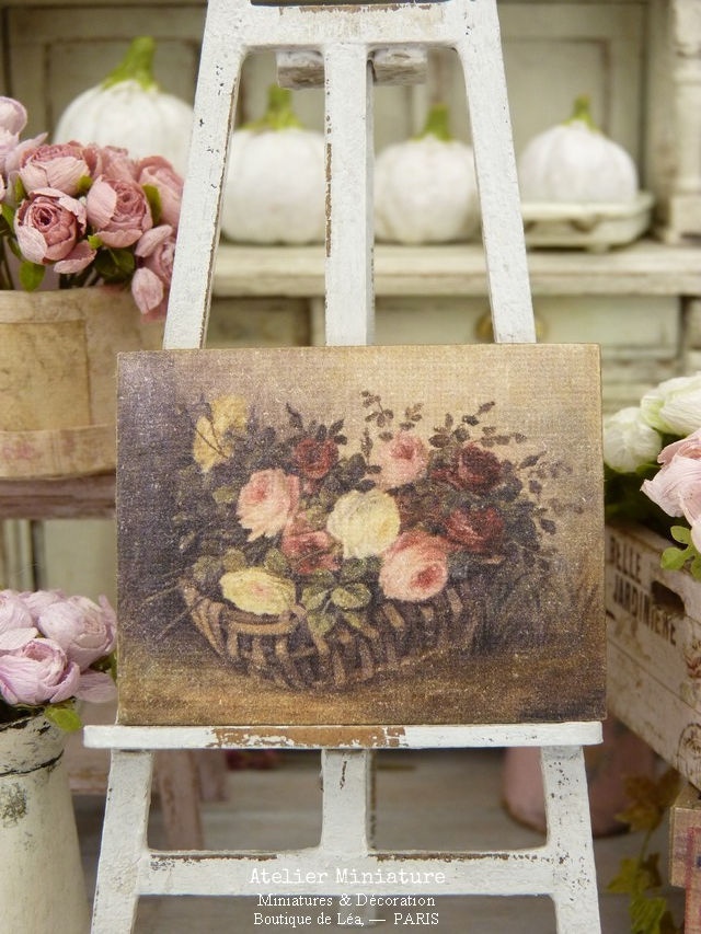 Panneau Miniature en Bois, Panier de Roses, Échelle 1/12