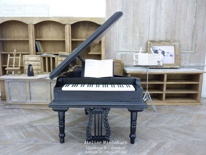 Piano à Queue, Miniature en Bois, Noir, Maison de Poupée, 1/12