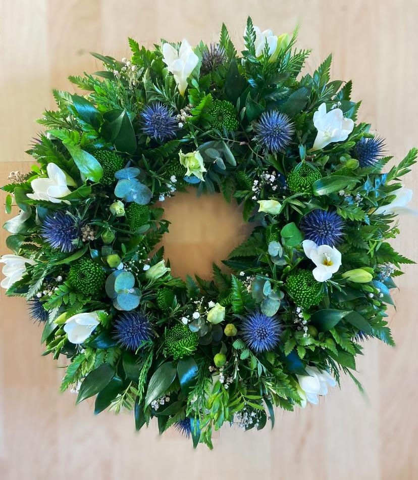 Funeral wreath - blue & white