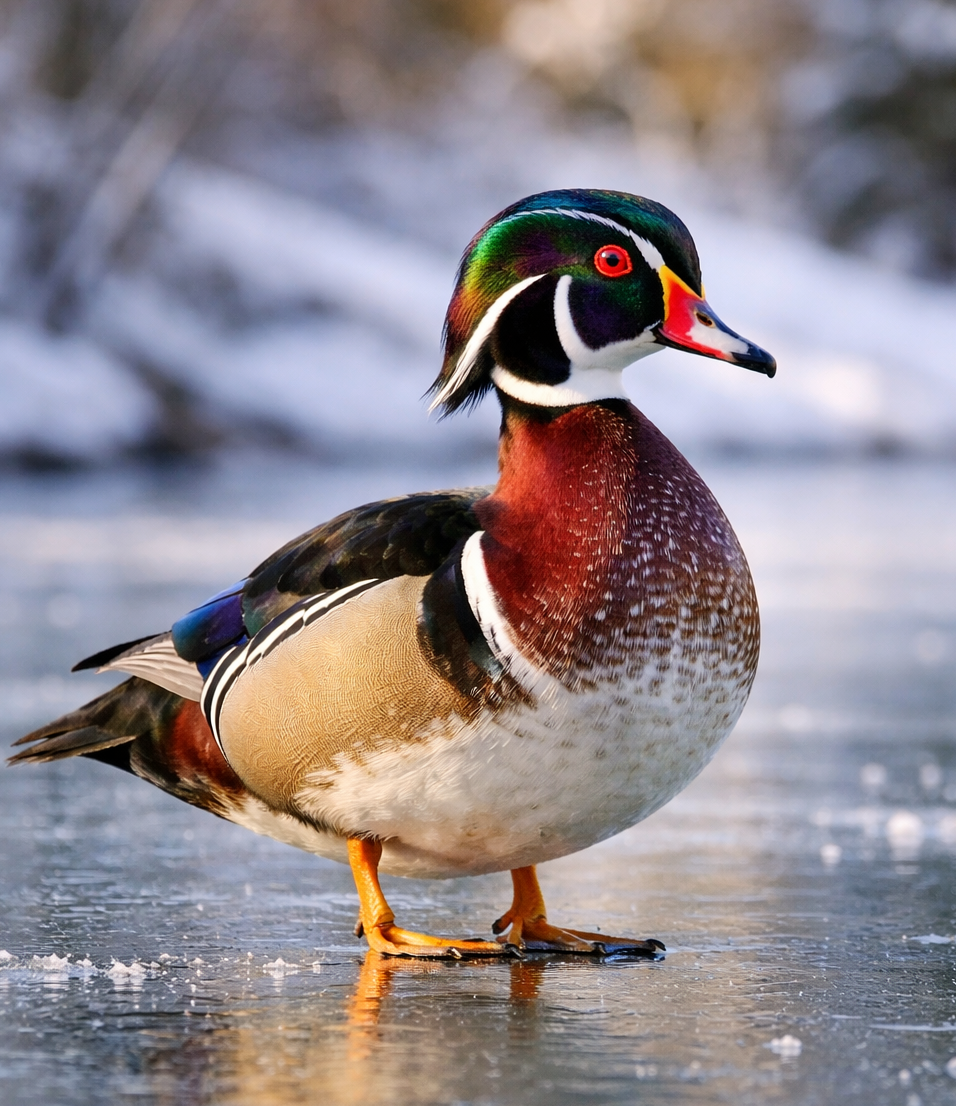 Wood Duck on a frozen lake.png