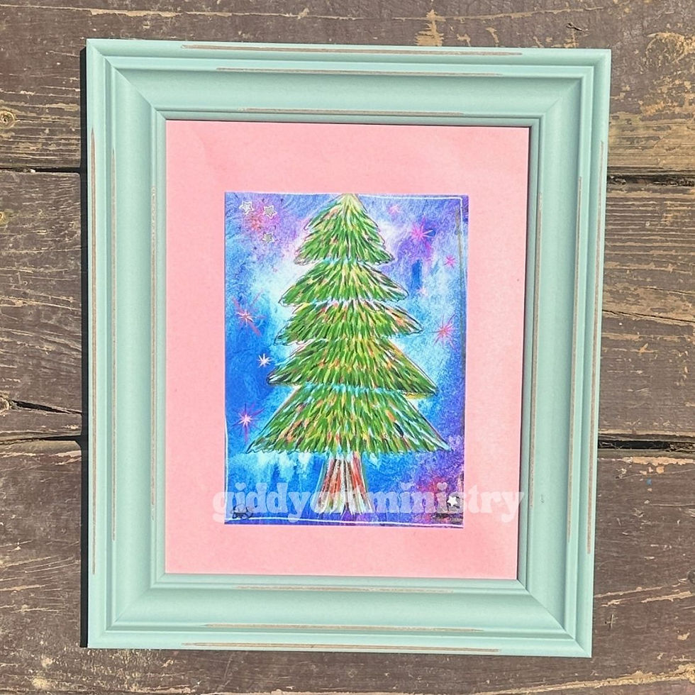 Starry tree christian artwork prints for home showing a forest green evergreen beneath a night sky. Inside of a green frame.