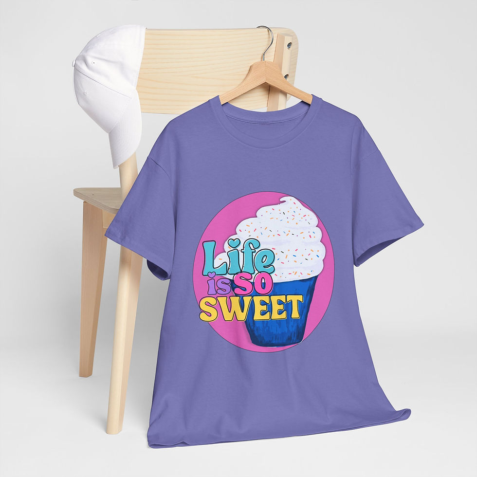 Cute Christian shirts for women style hanging on a wooden chair, showcasing the hand-painted Life is so Sweet graphic.