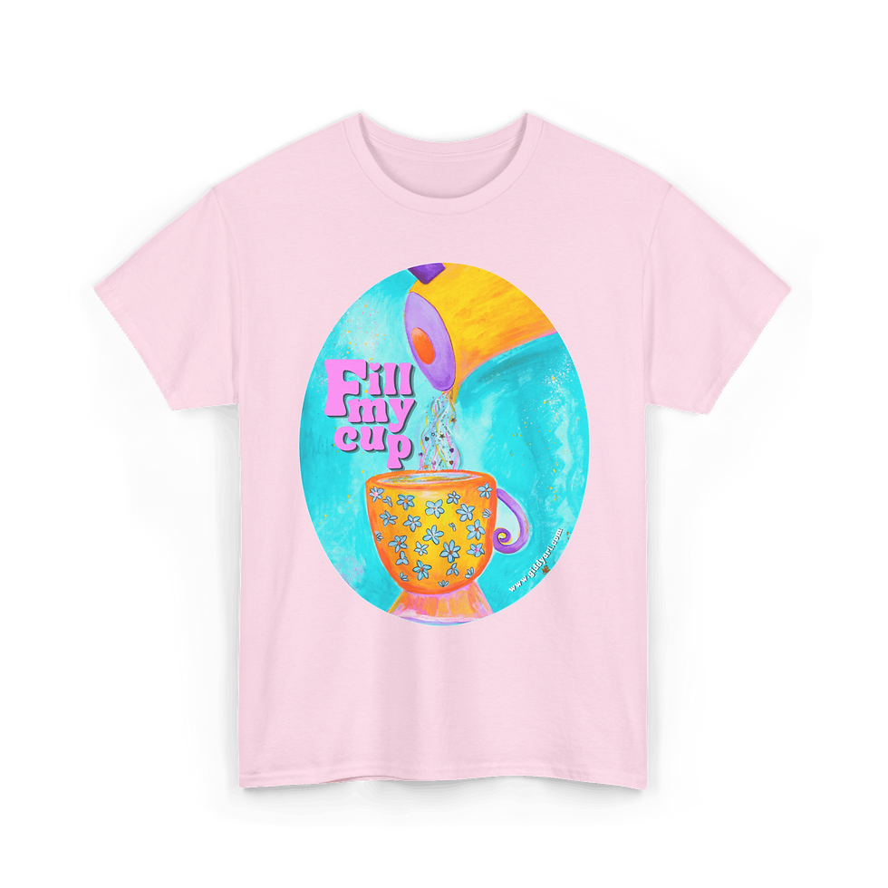 Light pink Christian t shirts for women design, showing the full hand-painted Fill My Cup artwork on front of the shirt.