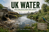 Environmental poster showing a polluted UK river under pressure, with storm overflow discharge on one side and restored riverbank habitat on the other.
