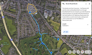 an aerial map of the start of The River Tame located on Brandhall Golf Course in Oldbury, Sandwell