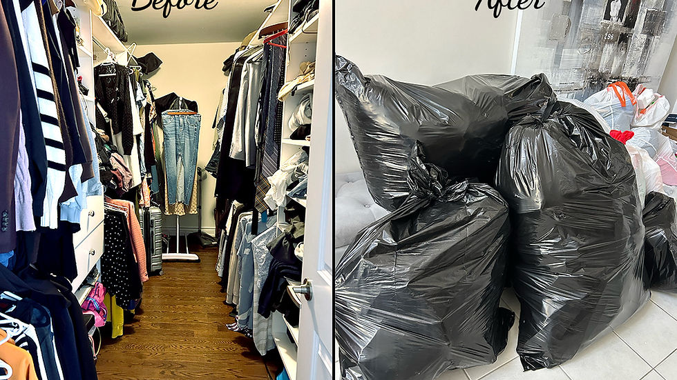 Cluttered closet labeled "Before" on the left; several large black trash bags labeled "After" on the right, indicating a cleanup.