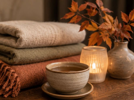 wool blankets, cup of tea, candle and fall leaves