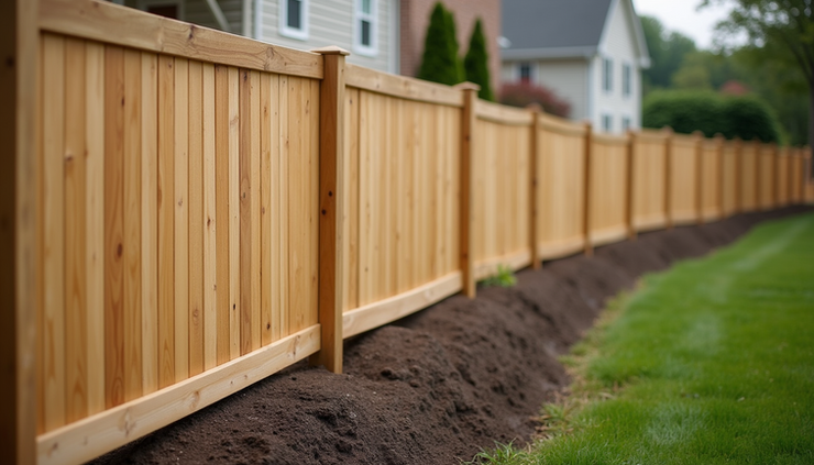 Wooden fence runs along a yard with fresh soil and green grass. Suburban houses with trees are in the background, giving a calm vibe.