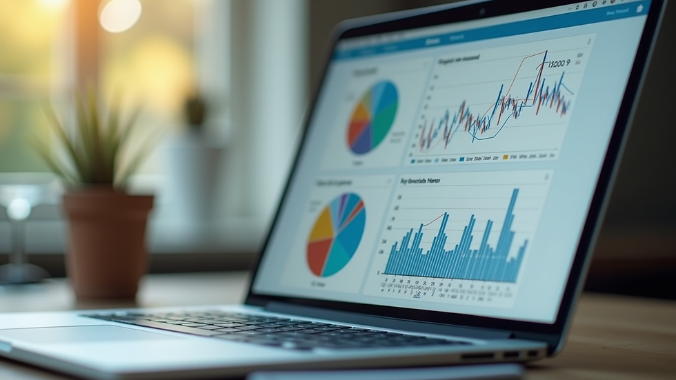 Close-up view of a laptop screen showing bookkeeping software with charts and graphs