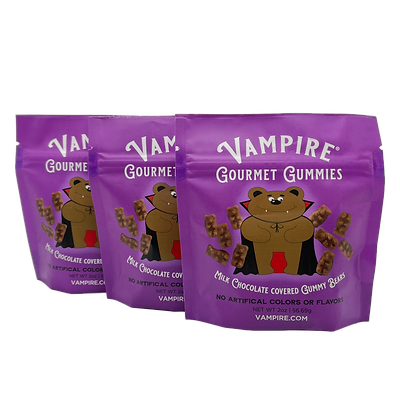 VAMPIRE® GOURMET CHOCOLATE COVERED GUMMY BEARS  THREE PACK - 2 oz. BAGS