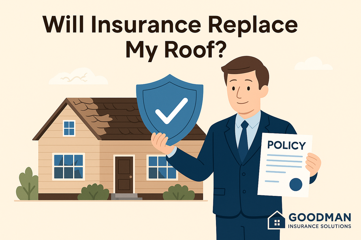 Man holding a shield and policy paper in front of a house. Text reads "Will Insurance Replace My Roof?" Logo: Goodman Insurance Solutions.