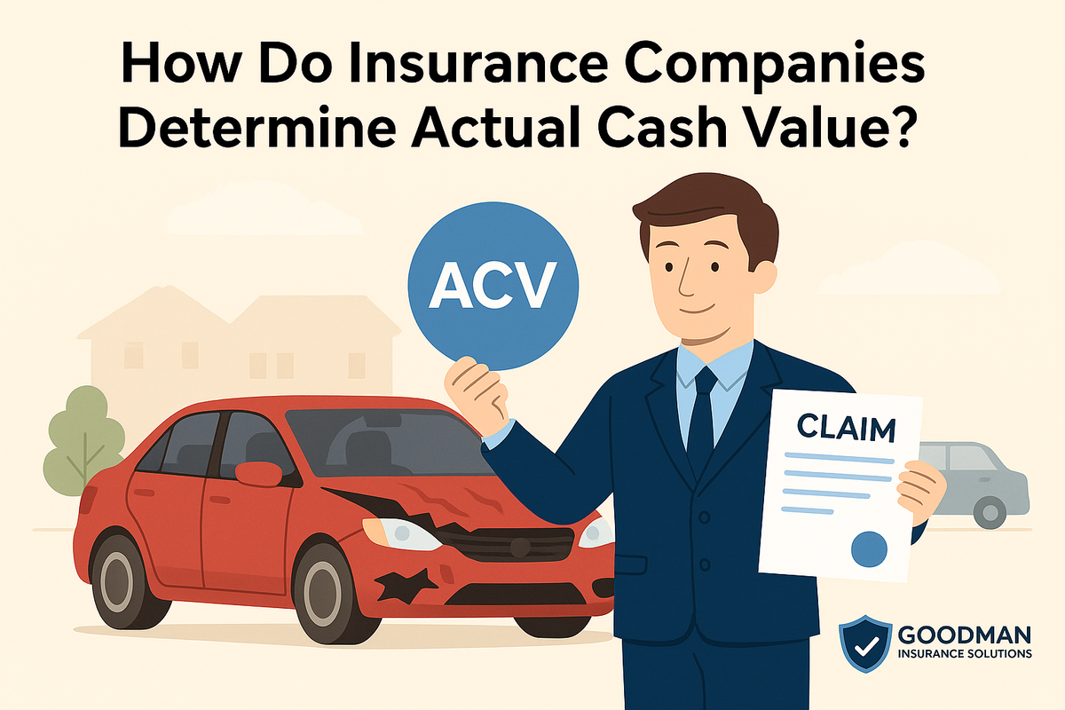 Man in suit holds "ACV" circle and claim form. Damaged red car in background. Text: "How Do Insurance Companies Determine Actual Cash Value?" Logo: Goodman Insurance Solutions.