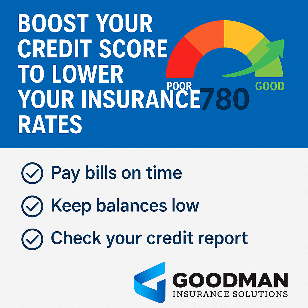 Boost your credit score to lower insurance rates. Tips: Pay on time, keep balances low, check reports. Goodman Insurance Solutions logo.