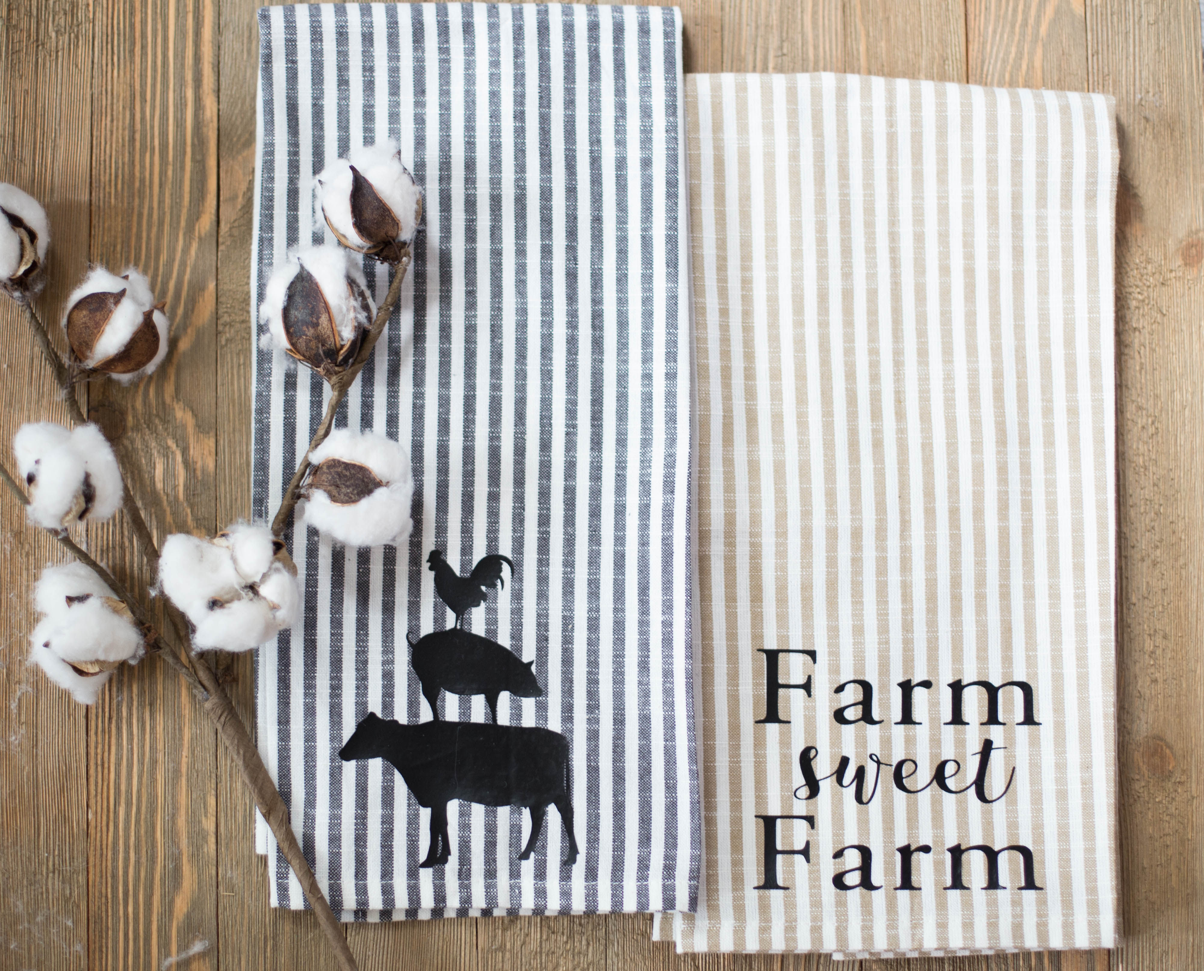 "Farm Sweet Farm" Gray and Tan Striped Tea Towel Set