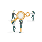 Two business professionals hold up a large magnifying glass and two gears