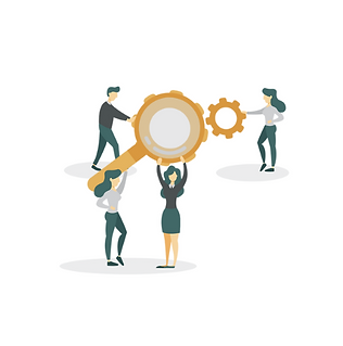 four business professionals hold up a magnifying glass and two gears.