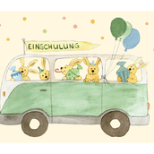 Schulbus, VW Bus, Bulli, VW, Einschulung, Hasen, Illustration, Feier, Postkarte, Dominique Benirschke