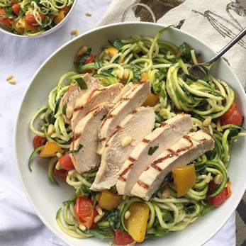 Seasoned Zucchini Noodles with Grilled Chicken, Roasted Tomatoes, Pine Nuts, and Fresh Basil

gluten-free, dairy-free, paleo, whole 30, low carb, high protein